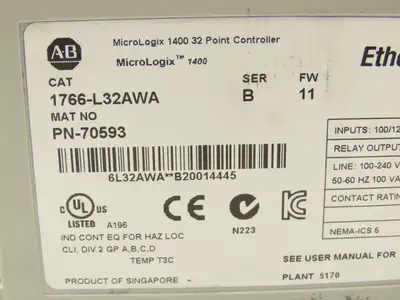 Allen Bradley 1766-L32AWA MicroLogix 1400 Controller Module 32 Point Ser B FW 11