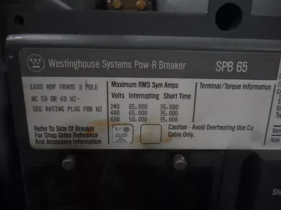 Westinghouse SPB65 Pow-R-Breaker 1600A Frame 1600A Trip Digitrip RMS 500 Used