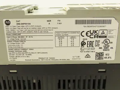 Allen Bradley 25B-D6P0N104 Powerflex 525 3Hp VFD AC Drive 480V 50/60Hz FW 7.001