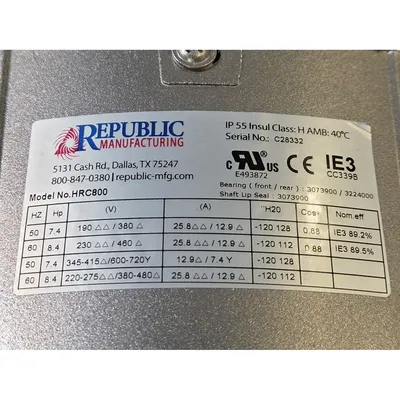 New | in-Stock REPUBLIC MANUFACTURING HRC800 Blowers West Virginia US | JM Industrial #1332437