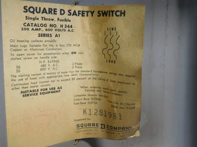 Square D H364 Single Throw Fusible Safety Switch 200 A 600VAC Ser. A1 50HP Used