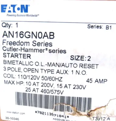 NEW EATON AN16GN0AB STARTER 3 POLE SIZE 2 45 AMP