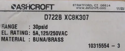 NEW ASHCROFT D722B-XC8K307 DIFFERENTIAL PRESSURE SWITCH 30PSID D722BXC8K307
