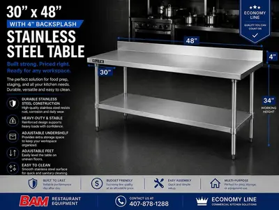 30”x48” 4" Backsplash Stainless Steel Table