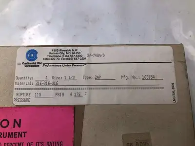 Continental Disc Corp. 163154 1-1/2″ 316SS Rupture Disc 115PSIG 176°F -NIB