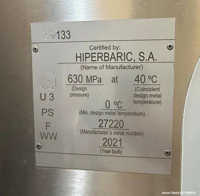 Used Hiperbaric HDBMB6 430L High Pressure Processing System | 630 MPa Industrial HPP Unit