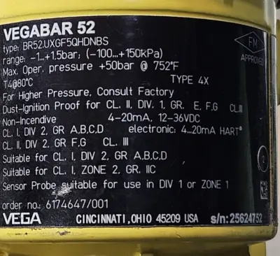 Vega BR52-UXGF5QNDNBS Vegabar 52 Pressure Transmitter (BIN411)