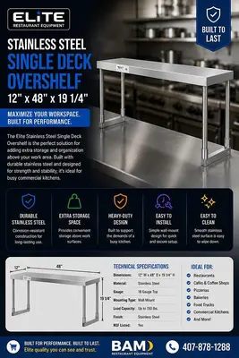 Elite Stainless Steel Single Deck Overshelf - 12" x 48" x 19 1/4"