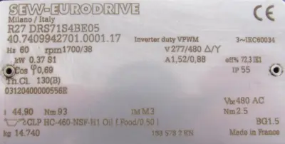 NEW SEW EURODRIVE R27 DRS71S4BE05 GEARMOTOR 44.90 277/480V R27DRS71S4BE05