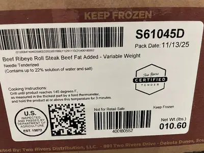K - Two Rivers S61045D Beef Ribeye Roll Steak - Beef Fat Added - Needle Tenderized - 10.60 lb