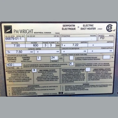 PM Wright 7.5 kW Electric Duct Heater