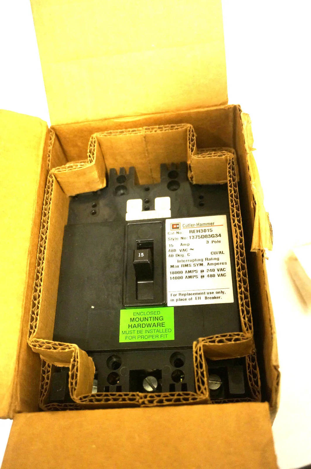 NEW EATON CUTLER HAMMER REH3015 CIRCUIT BREAKER 15AMP 480VAC 3 POLE 1375D83G34