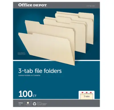 Office Depot File Folders, 1/3 Cut, Letter Size, Manila, Pack Of 100 Folders