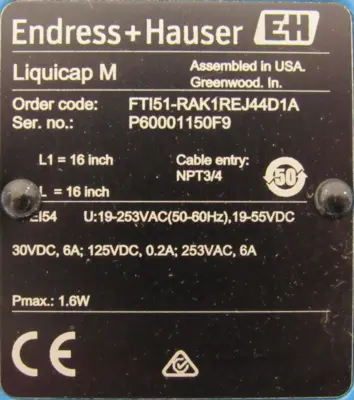 NEW ENDRESS+HAUSER FTI51-RAK1REJ44D1A LEVEL TRANSMITTER 16" FTI51RAK1REJ44D1A