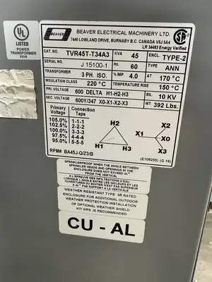 45 KVA 600V to 600Y/347 Isolation Transformer