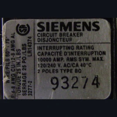 Siemens 2 Pole 20 Amp Type BQ Bolt-on Breaker