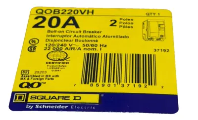 NEW SQUARE D QOB220VH CIRCUIT BREAKER 2 POLES 120/240V 50/60HZ