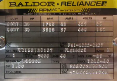 NEW BALDOR F21-A000-0207 MOTOR 30HP 460V FL2162CZ F21A0000207