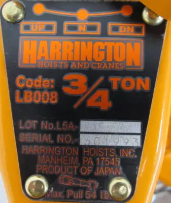 NEW HARRINGTON L5LB008-5 CHAIN HOIST 3/4 TON 5FT LIFT L5LB0085