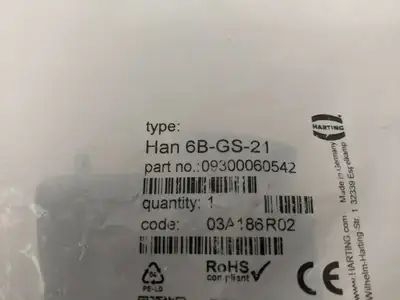 09300060542,09 30 006 0542 | Harting 09 30 006 0542 Han B Hood Side Entry HC 2 Pegs 6B-GS-21 - New