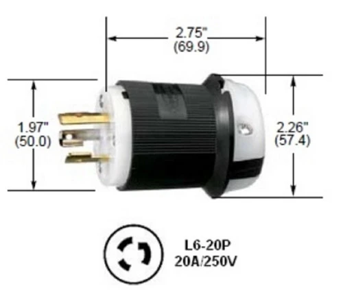 Hubbell HBL2321 2321 Twist-Lock Electric Plug Device, NEMA L6-20P, 20A 250VAC [New]