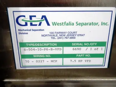 Westfalia CSC 6-06-076 hydro-hermetic clarifier skid, 316L SS.