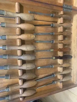 5986-385 Antique Holtzapffel & Co Ornamental Lathe 54 Turning Tools Chisel Set, London