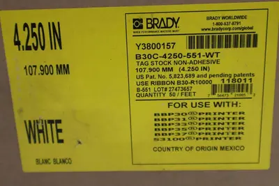 NEW Brady B30C-4250-551-WT White 4-1/4" x 50' for BBP30 / BBP31 / BBP33 STK H391