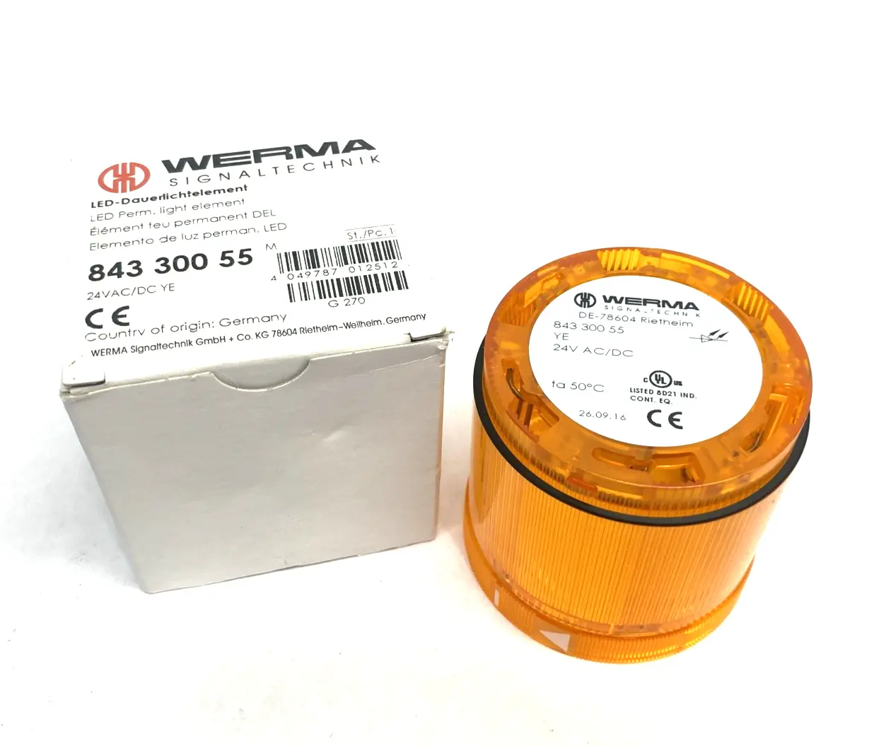 New | in-Stock WERMA 843 300 55 Permanent LED Light Beacon Element 24VAC/DC Yellow Light Sources / LED Michigan US | Maverick Industrial Sales #1461078