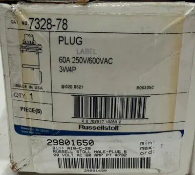 NEW THOMAS & BETTS 7328-78 PLUG 60A 250V 600VAC 3W4P 732878