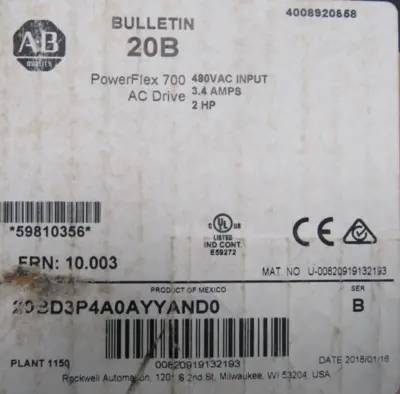 ALLEN BRADLEY 20BD3P4A0AYYAND0 POWER FLEX 700 SER.B 2HP NEW SURPLUS