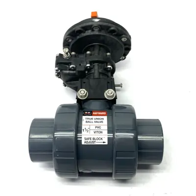 USED HAYWARD 1-1/2" TRUE UNION BALL VALVE PVC, VITON W/ SR3 SPRING RETURN ACTU