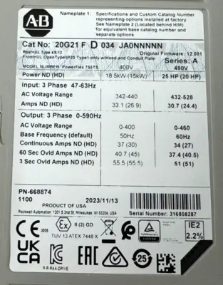 ALLEN BRADLEY 20G21FD034JA0NNNNN POWERFLEX 755TS SER. A 25HP UNUSED SURPLUS