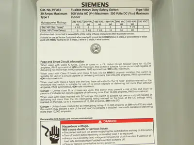 Siemens HF361 Heavy Duty Safety Fusible Disconnect Switch 3P 30A 600VAC 250VDC