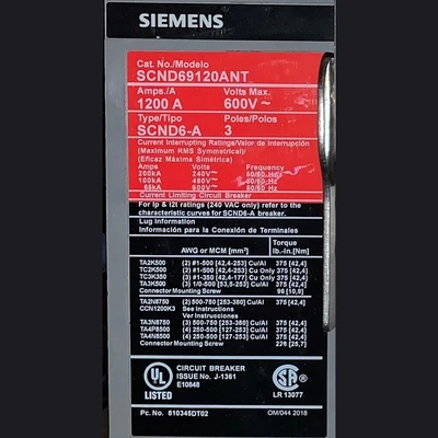 Siemens 3 Pole 1200 Amp Breaker