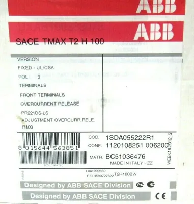 NEW ABB SACE-TMAX-T2-H-100 CIRCUIT BREAKER SACETMAXT2H100