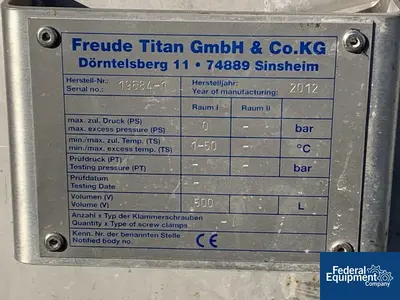 USED Freude Titan GmbH & Co.KG 132 Gal Freude Titan Mix Tank, S/S, 1.5 HP