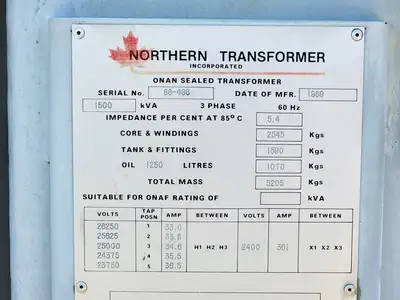 1500 kVA Onan Sealed Transformer, 25000 pri. volts, 2400 sec. volts