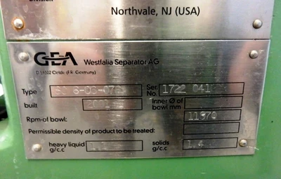 Westfalia CSC 6-06-076 hydro-hermetic clarifier skid, 316L SS.