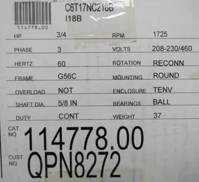 NEW LEESON 114778.00 MOTOR 3/4HP 1725RPM 208-230/460V
