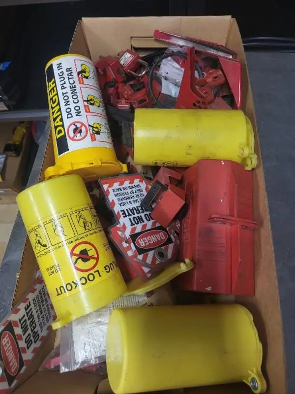 Large Lot of Electrical Lockout Tagout Devices with Tags and Padlock