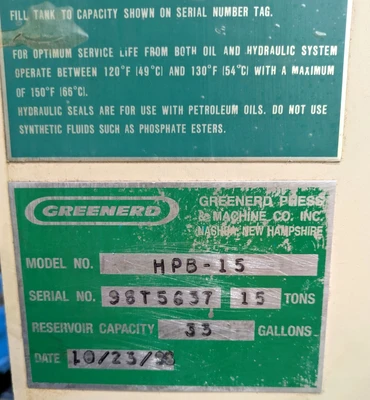 USED 1998 GREENERD PRESSES GREENERD HPB-15 PRESS