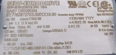 NEW SEW EURODRIVE SA67 DRN90S4 GEARMOTOR 46.40 230/460V SA67DRN90S4