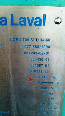 (2) Alfa-Laval LOPX 709 SFD-34-60 lube oil purifiers, SS.