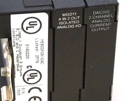 USED HORNER ELECTRIC HE800F0X104C BASE MODULE W/ MIX211, DAC002 ANALOG MODULES