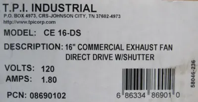 NEW TPI INDUSTRIAL CE16-DS DIRECT DRIVE SHUTTER MOUNTED EXHAUST FAN 16" 120V