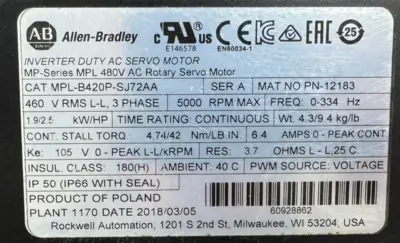 ALLEN BRADLEY MPL-B420P-SJ72AA SERVO MOTOR SER. A UNUSED SURPLUS