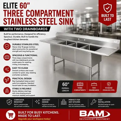 Elite 60” Three Compartment Stainless Steel Sink With Two Drainboards