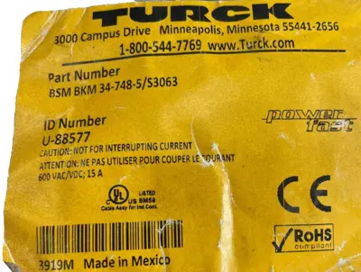 NEW TURCK BSM BKM 34-748-5/S3063 CORDSET U-88577 BSMBKM347485S3063