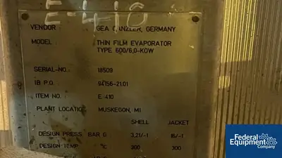USED GEA 6.3 Sq Meter / 67 Sq Ft GEA Canzler Thin Film Evaporator, 904L S/S, 3.2/16 Bar